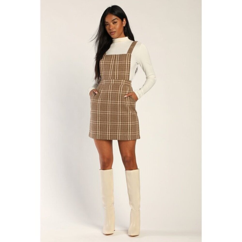 NWT- Lulus Plaid To Be Yours Brown Plaid Pinafore Mini Dress - Size S